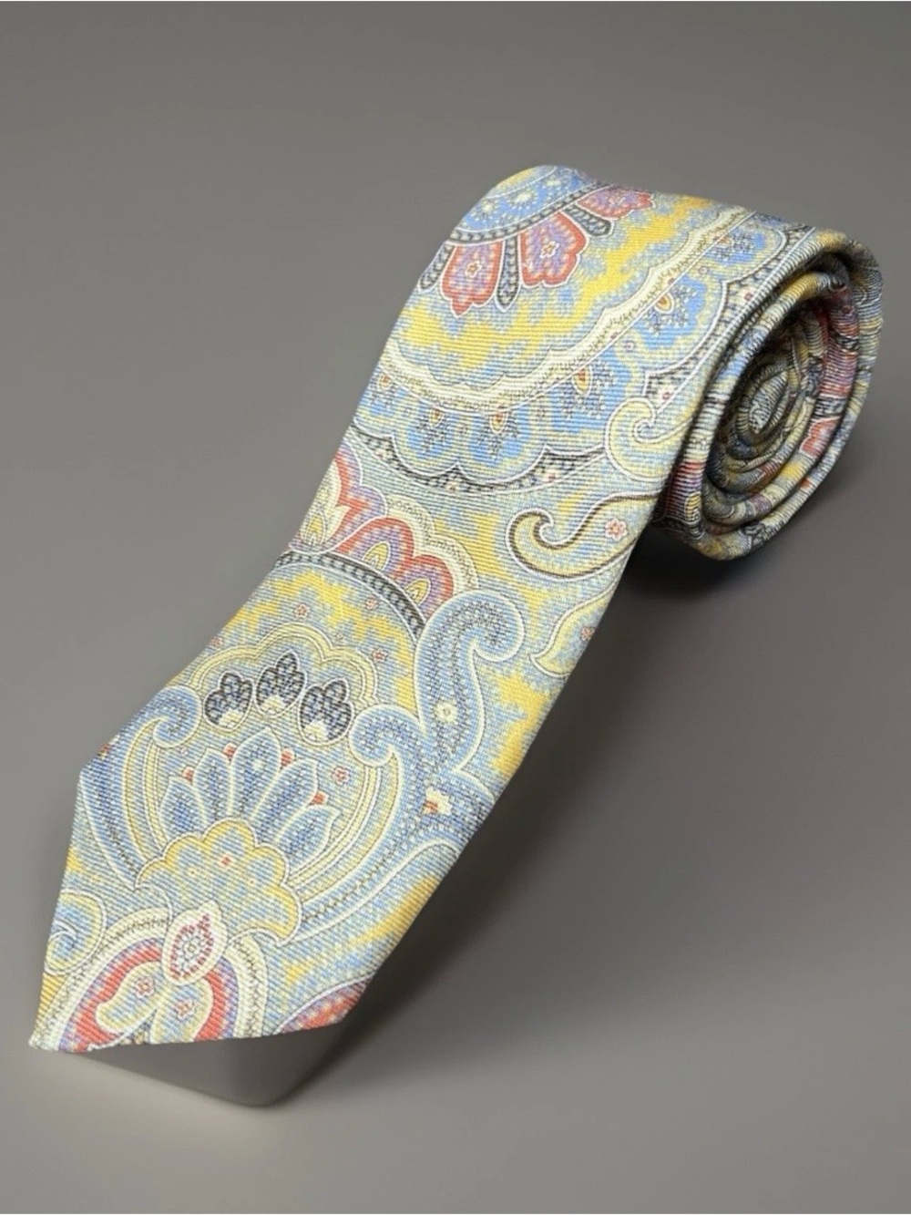 Breuer Handmade Linen/Silk Tie Yellow Blue Red Beige Paisley Men's One Size